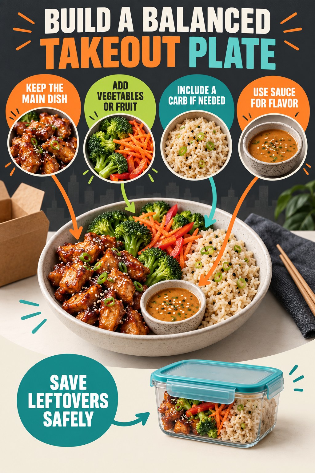 Portrait takeout infographic showing a main dish, vegetables, brown rice, sauce, and a safe leftovers container arranged into a balanced plate.