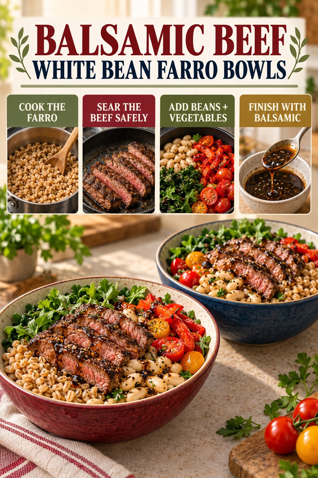 Balsamic beef white bean farro bowl infographic showing cooked farro, safely seared beef, beans and vegetables, dressing, and two bowls.