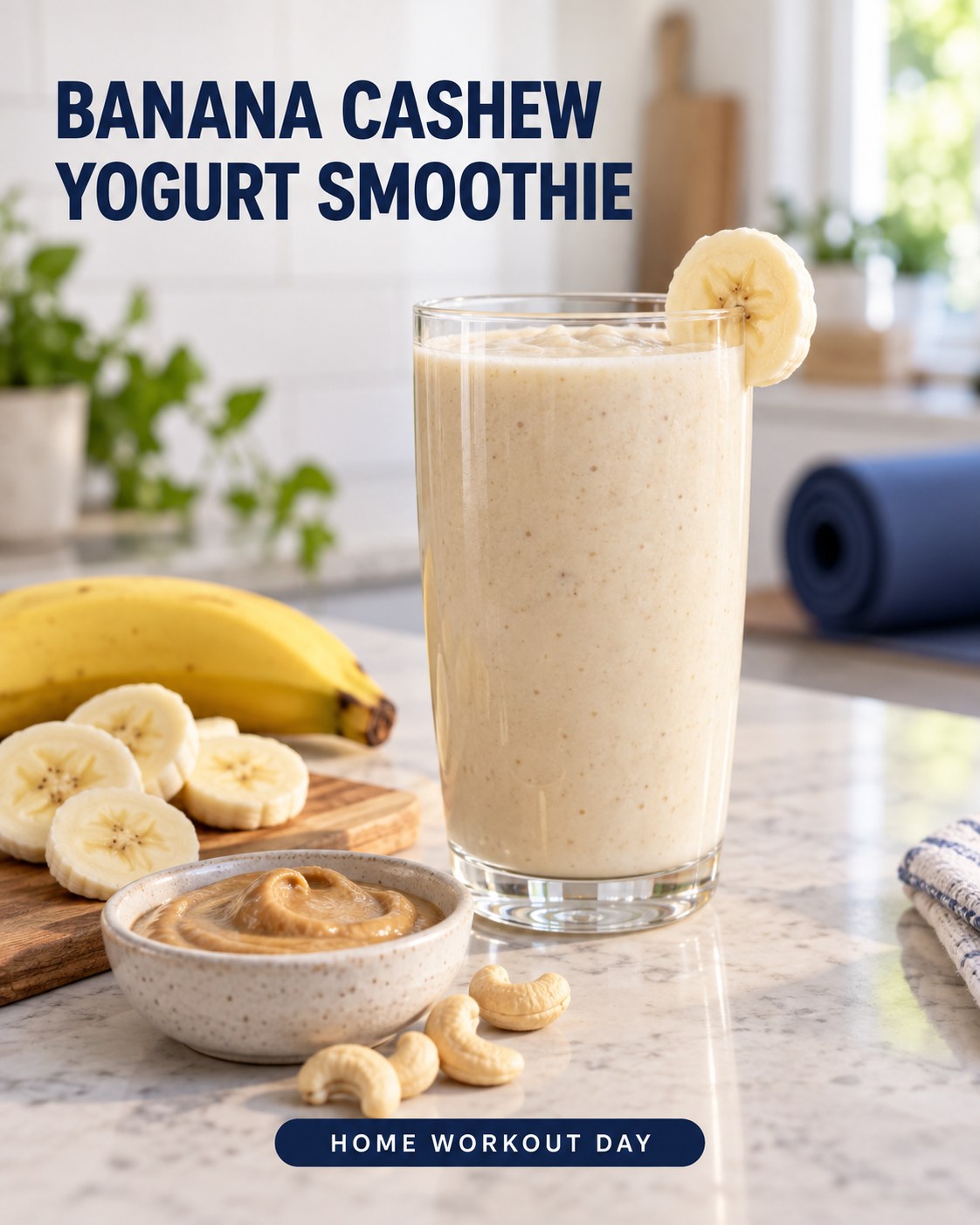 Creamy banana cashew smoothie on a kitchen counter with banana and cashew butter, a rolled exercise mat visible in the background.