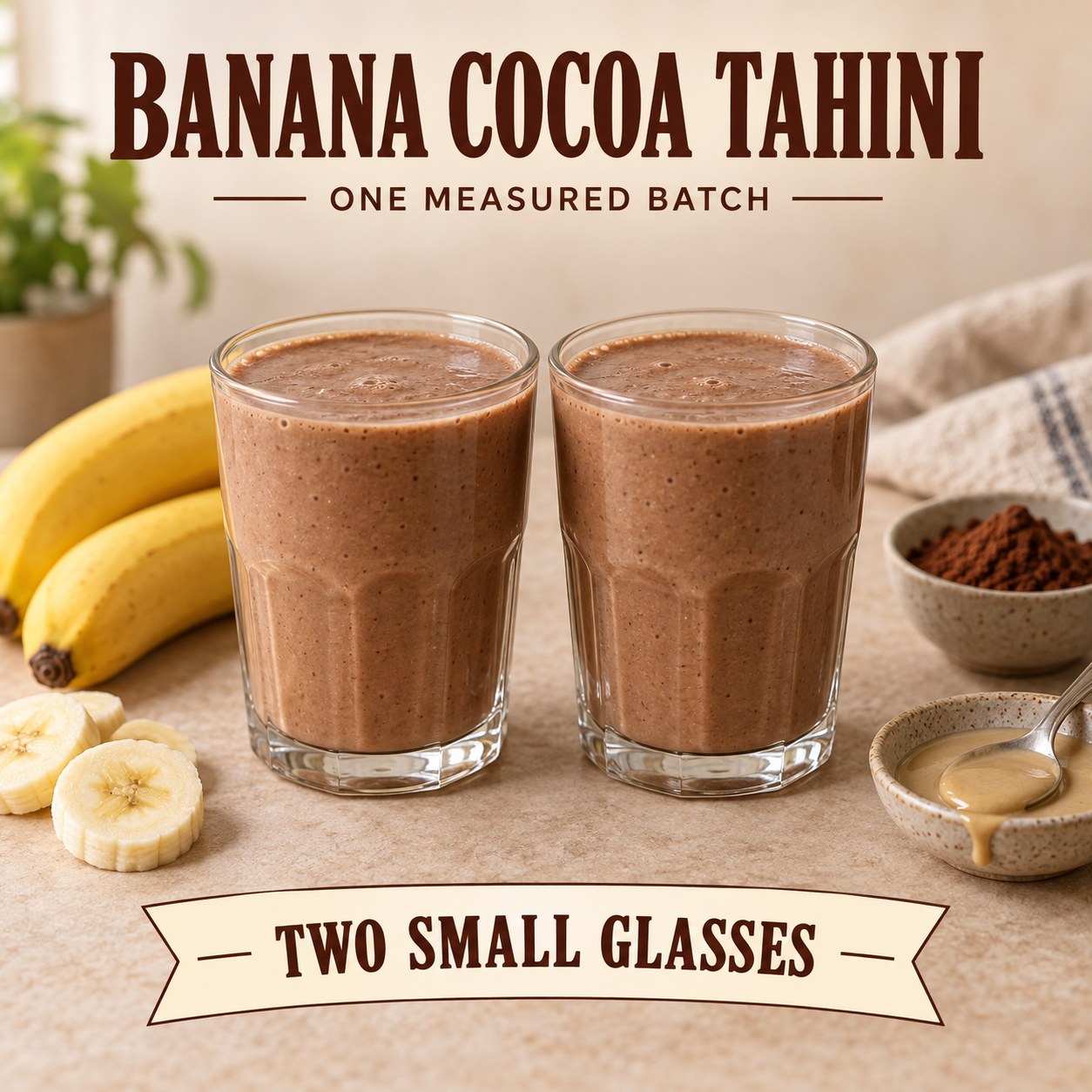 Two small glasses of chocolate-colored banana tahini smoothie beside banana and tahini, with a Two Small Glasses headline.