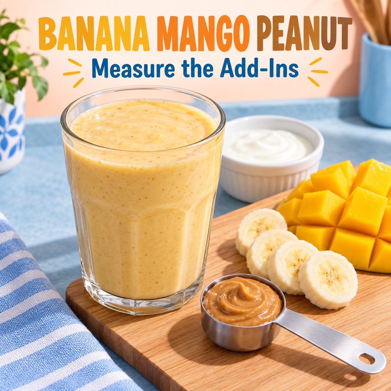 Pale yellow banana mango smoothie beside fruit and a measuring spoon of peanut butter, with Banana Mango Peanut and Measure the Add-Ins text.
