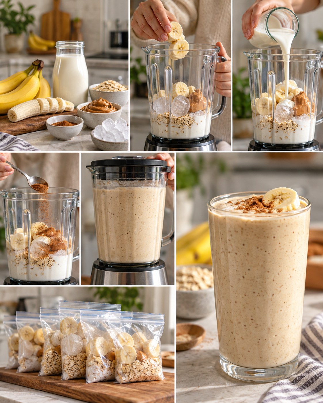 Banana, kefir, peanut butter, oats, cinnamon, and ice blended into a creamy smoothie