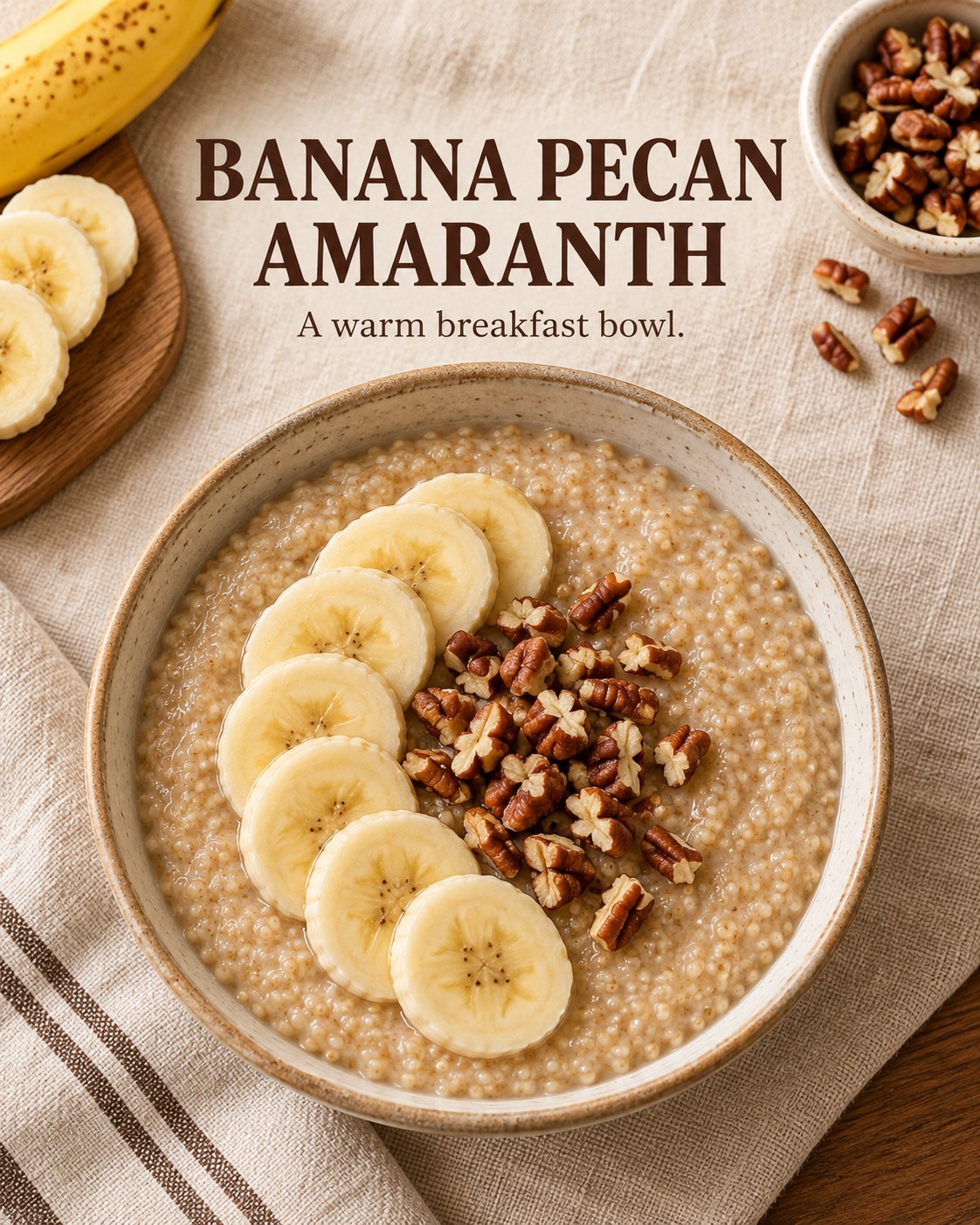 Creamy amaranth porridge topped with banana slices and chopped pecans under the words Banana Pecan Amaranth.