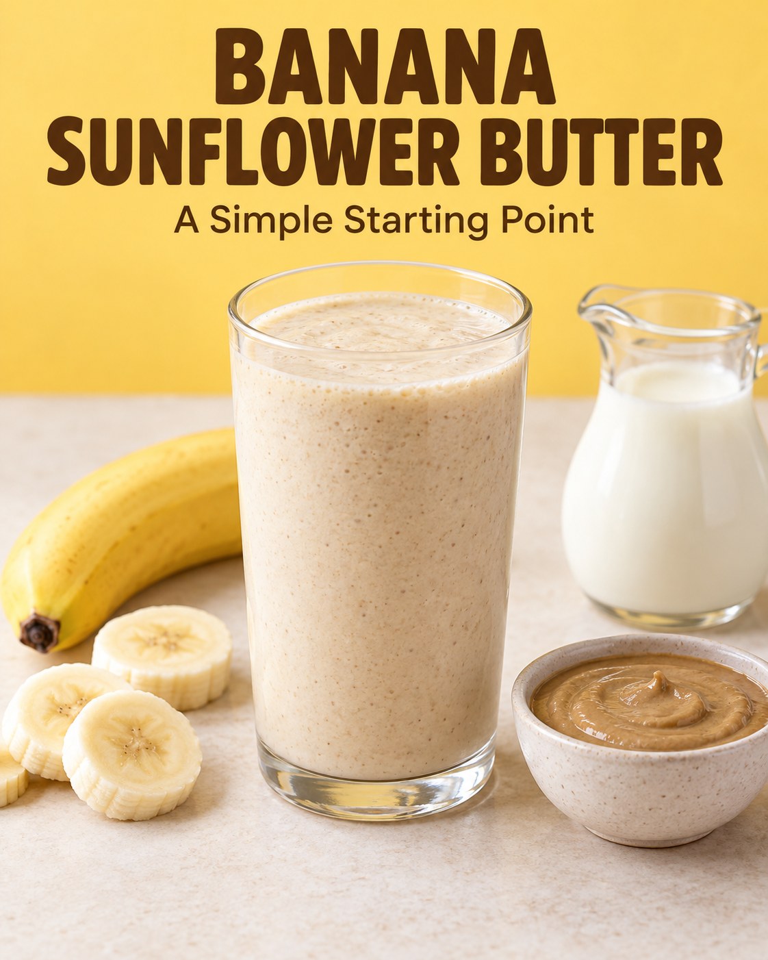 Creamy banana smoothie beside banana and sunflower seed butter, with Banana Sunflower Butter and A Simple Starting Point text.