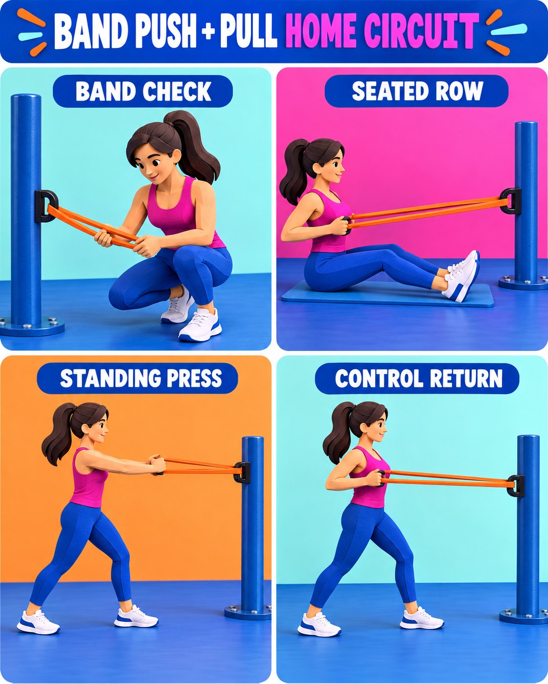 Cobalt, magenta, orange, and aqua infographic showing a resistance-band push and pull home circuit.