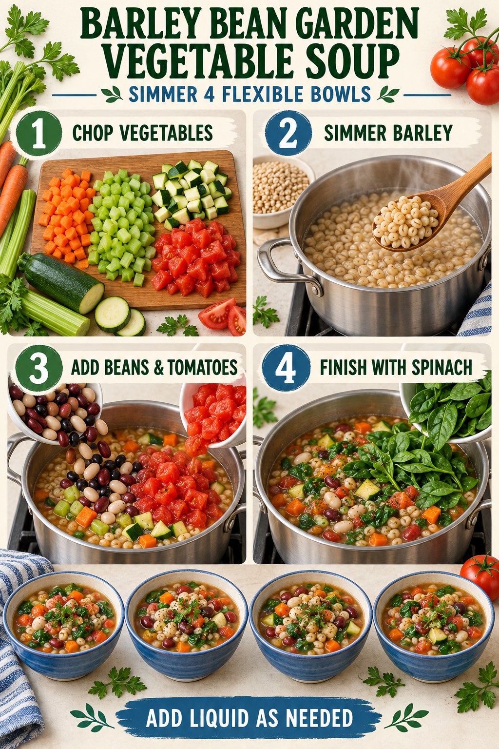 Garden vegetable soup with barley, beans, tomatoes, carrots, celery, greens, and herbs.