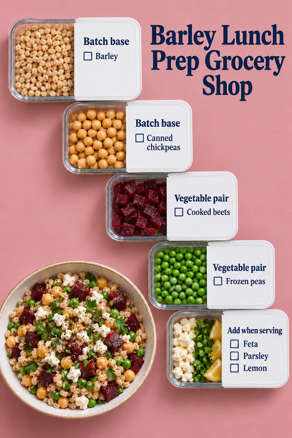 Rose and navy meal-prep container checklist listing barley, chickpeas, cooked beets, peas, feta, parsley and lemon.