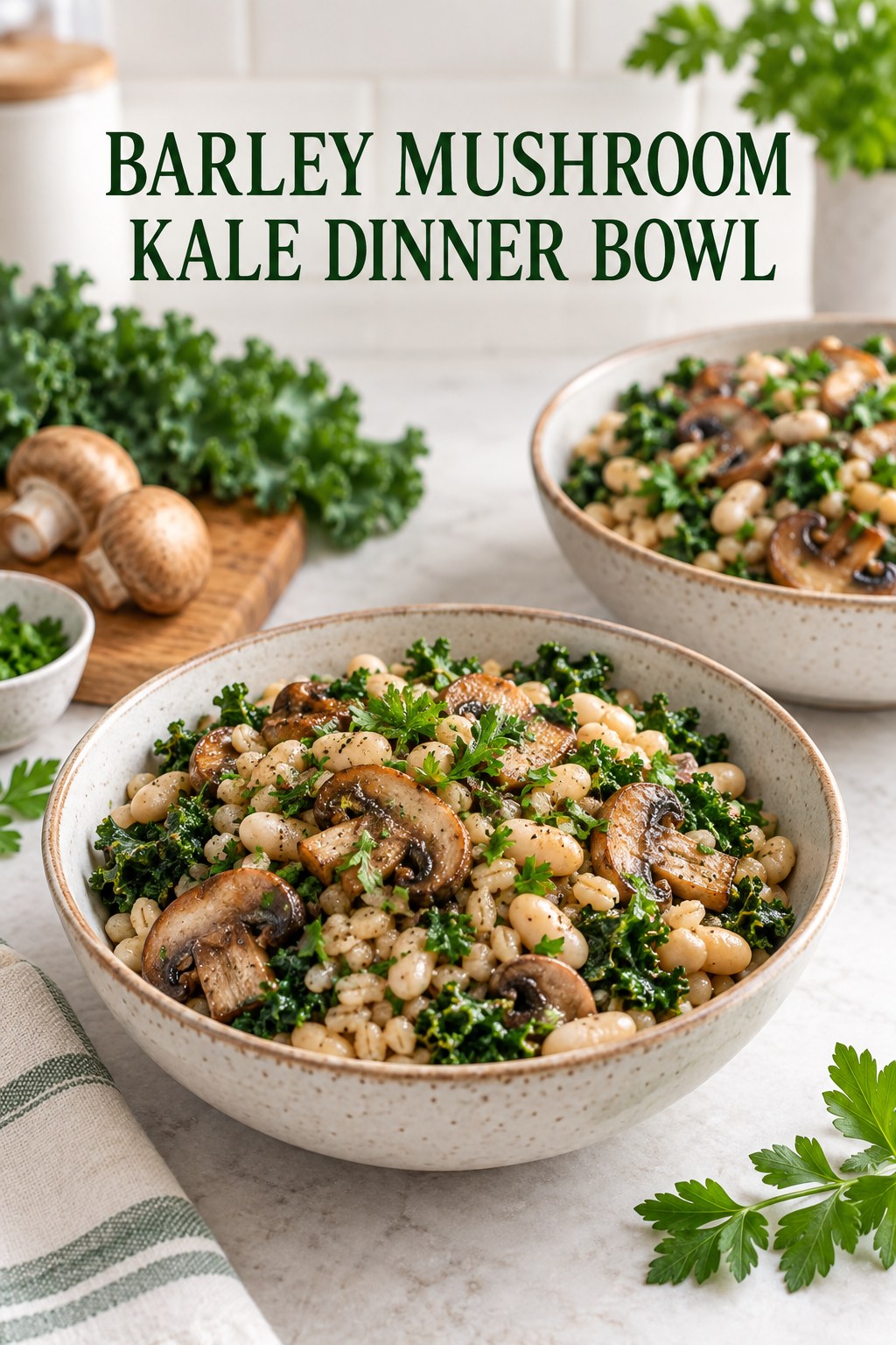 Two servings of barley mushroom kale dinner bowl made with barley, mushrooms, and vegetables.