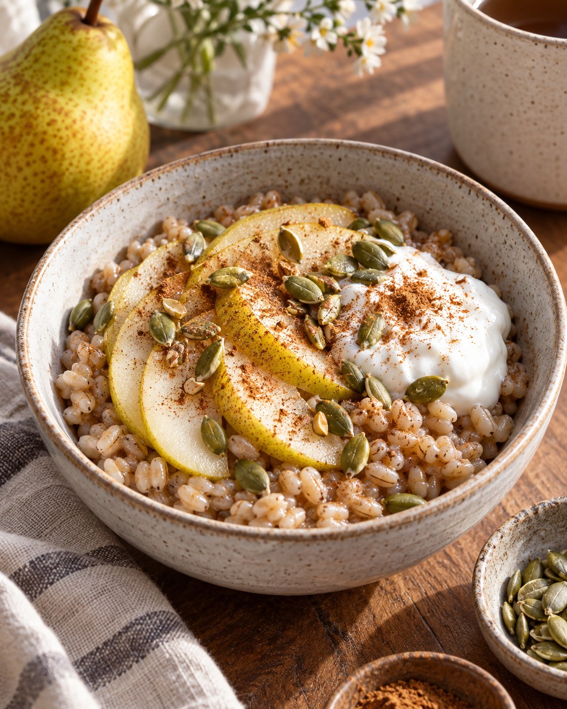 Warm barley breakfast bowl topped with sliced pear, pumpkin seeds, cinnamon, and plain yogurt