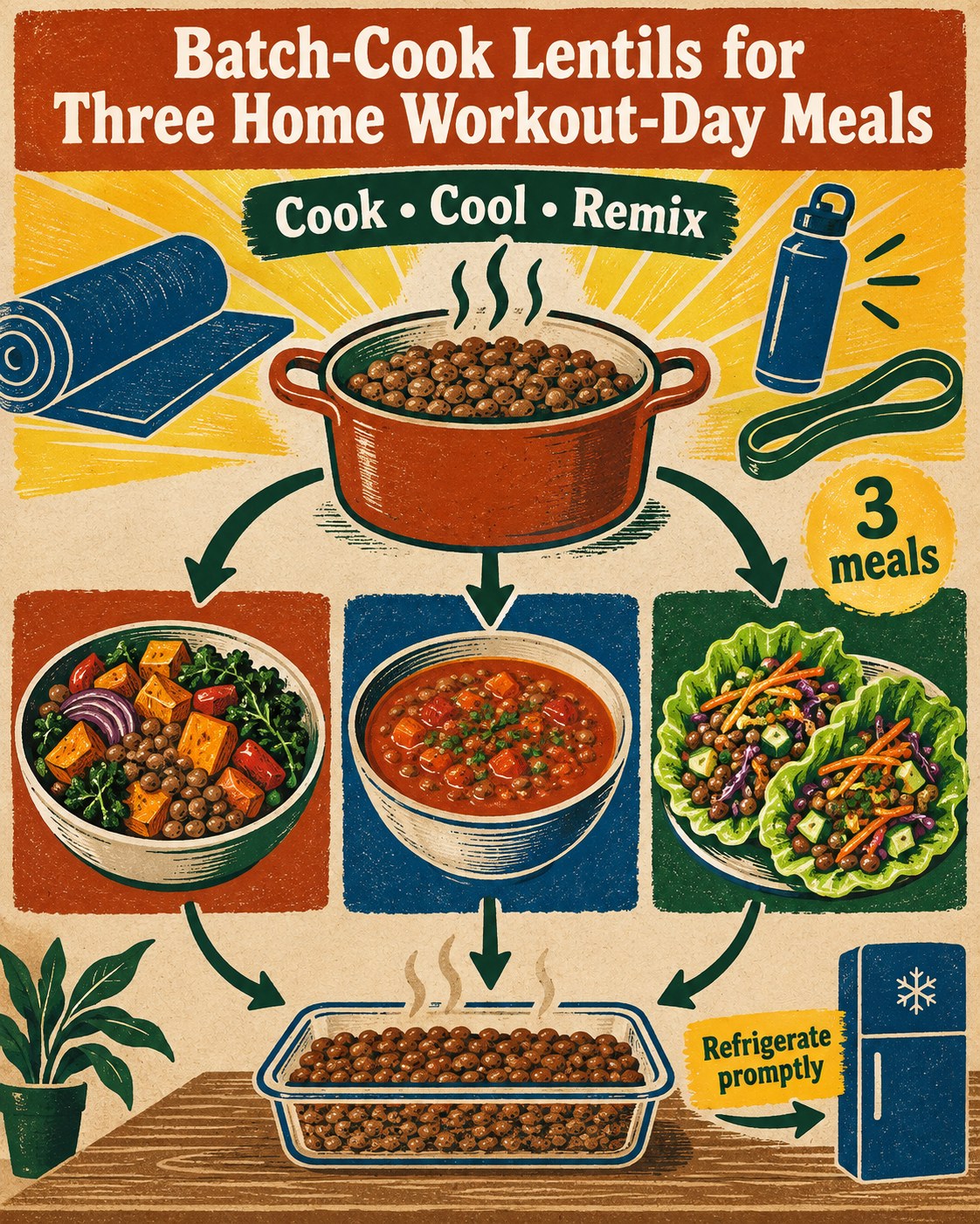 Linocut infographic showing cooked lentils remixed into a vegetable bowl, tomato soup, and lettuce cups.