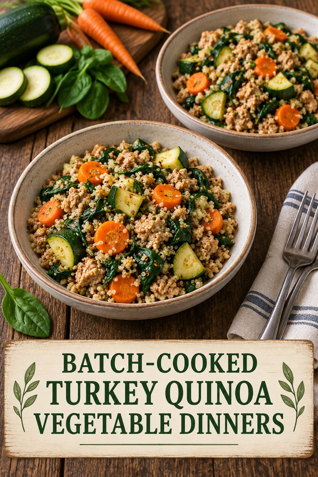 Two servings of batch-cooked turkey quinoa vegetable dinners made with turkey, quinoa, and vegetables.