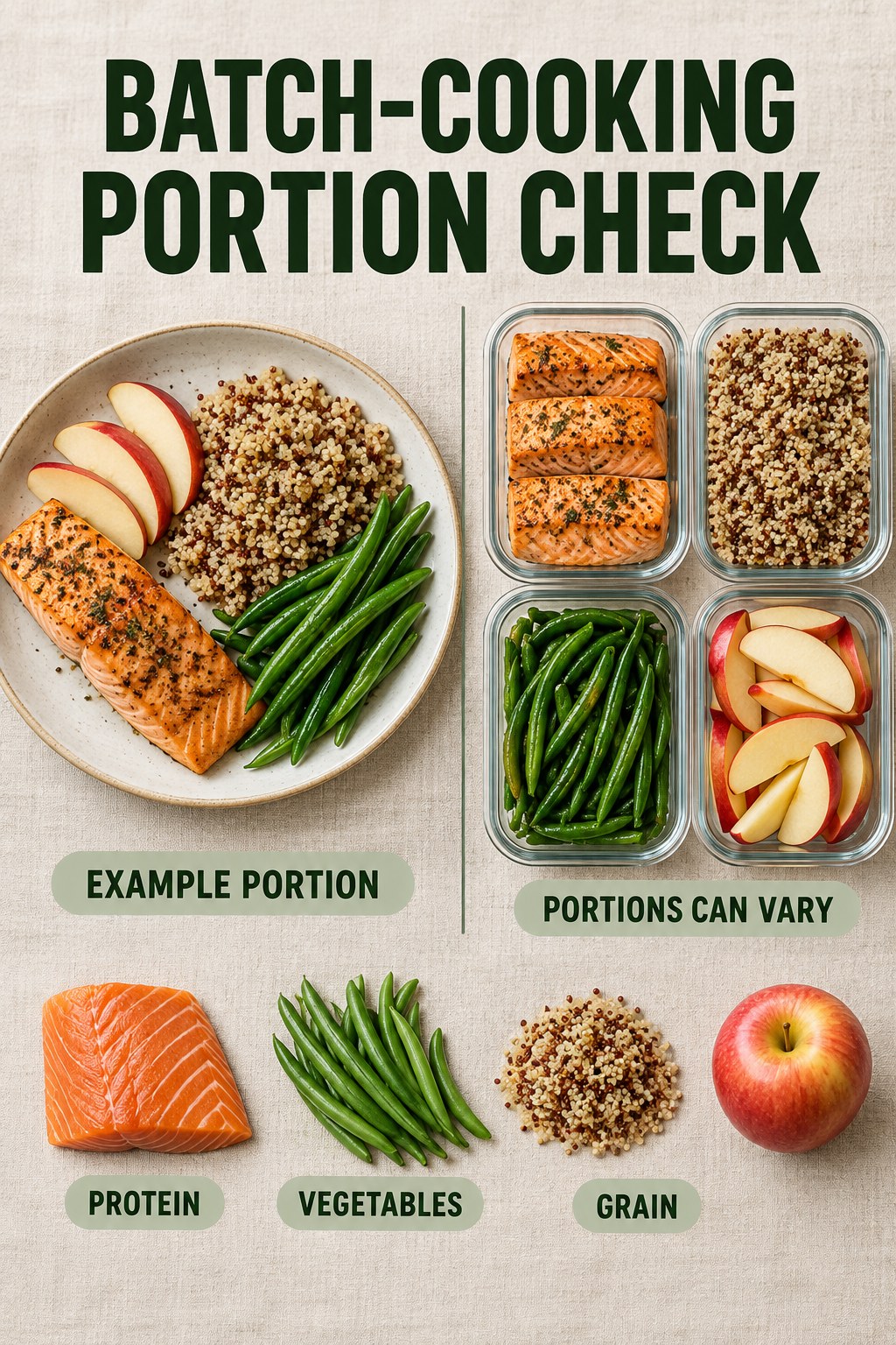 Batch-Cooking Portion Check visual using salmon, quinoa, green beans, and apple as flexible example portions for Meal Prep Ideas.