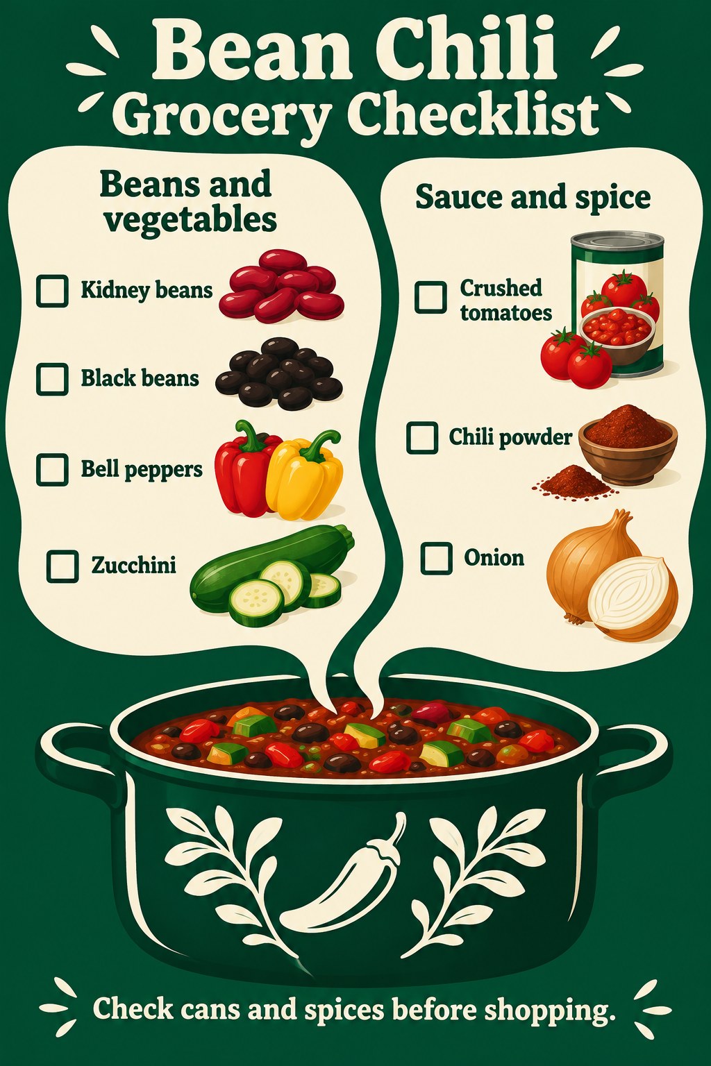 Emerald chili-pot checklist with kidney beans, black beans, peppers, zucchini, tomatoes, chili powder and onion.