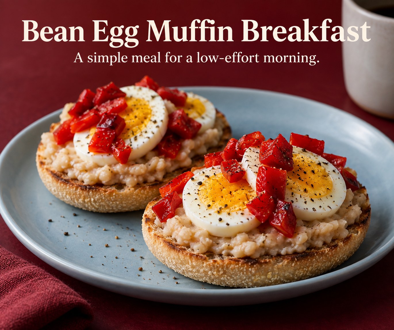 English muffin halves topped with mashed white beans, sliced cooked egg, and roasted red pepper.