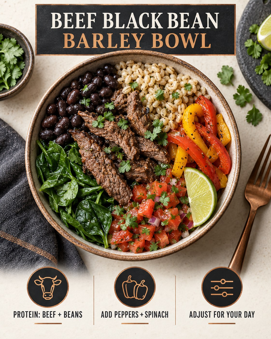 Beef black bean barley lunch bowl with peppers, spinach, tomato salsa, lime, cilantro, and flexible portion guidance.