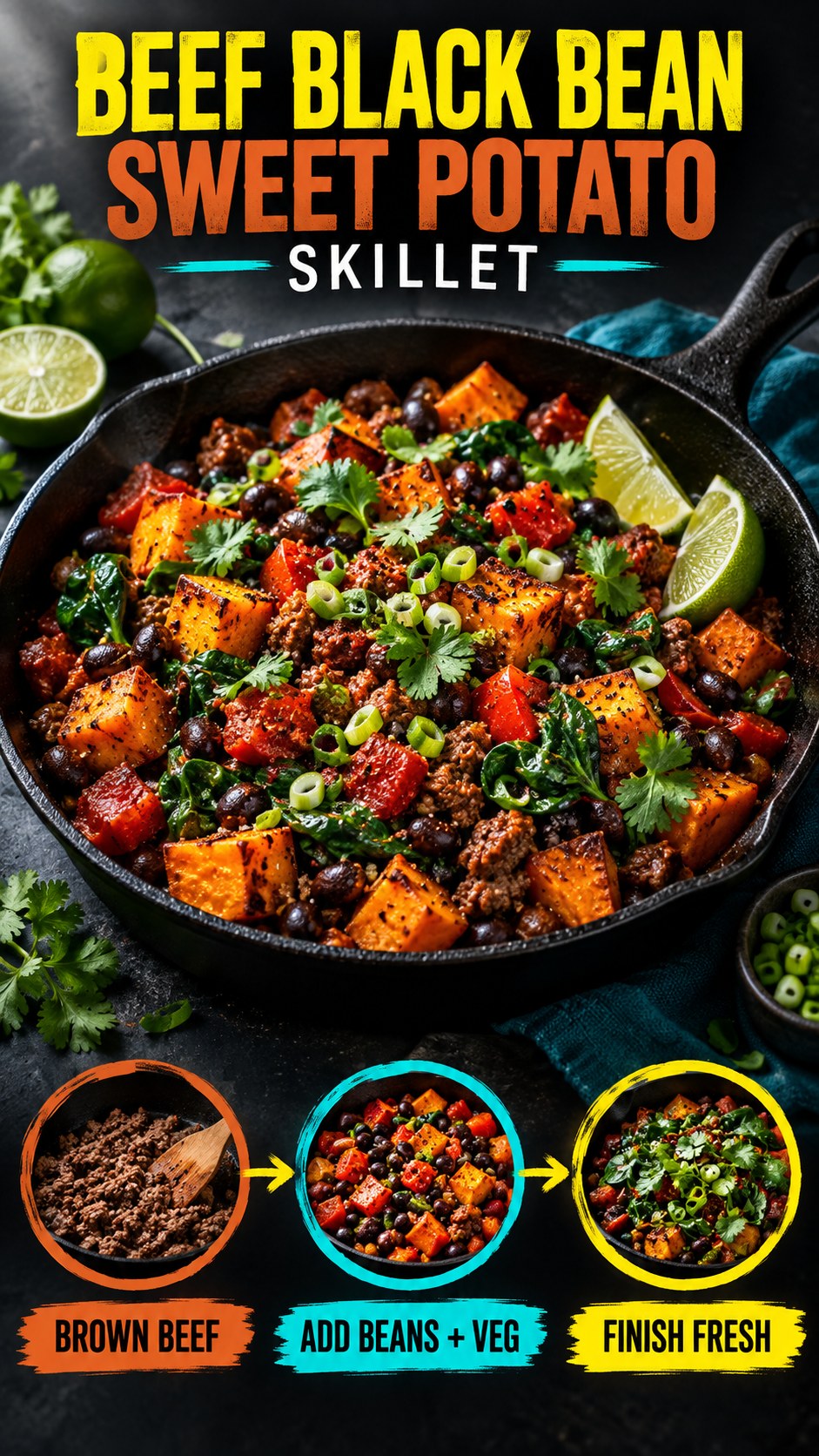 Skillet with cooked lean beef, black beans, sweet potato, peppers, tomatoes, spinach, herbs, and lime