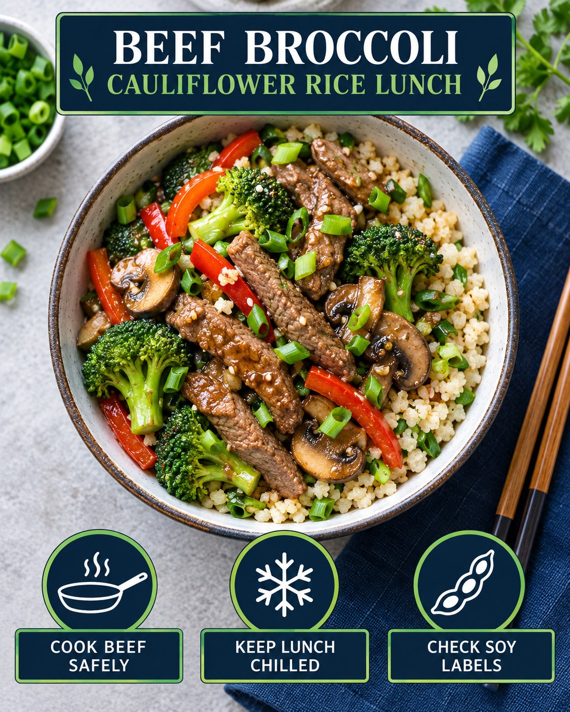 Beef broccoli mushroom cauliflower rice lunch bowl with bell pepper and scallions