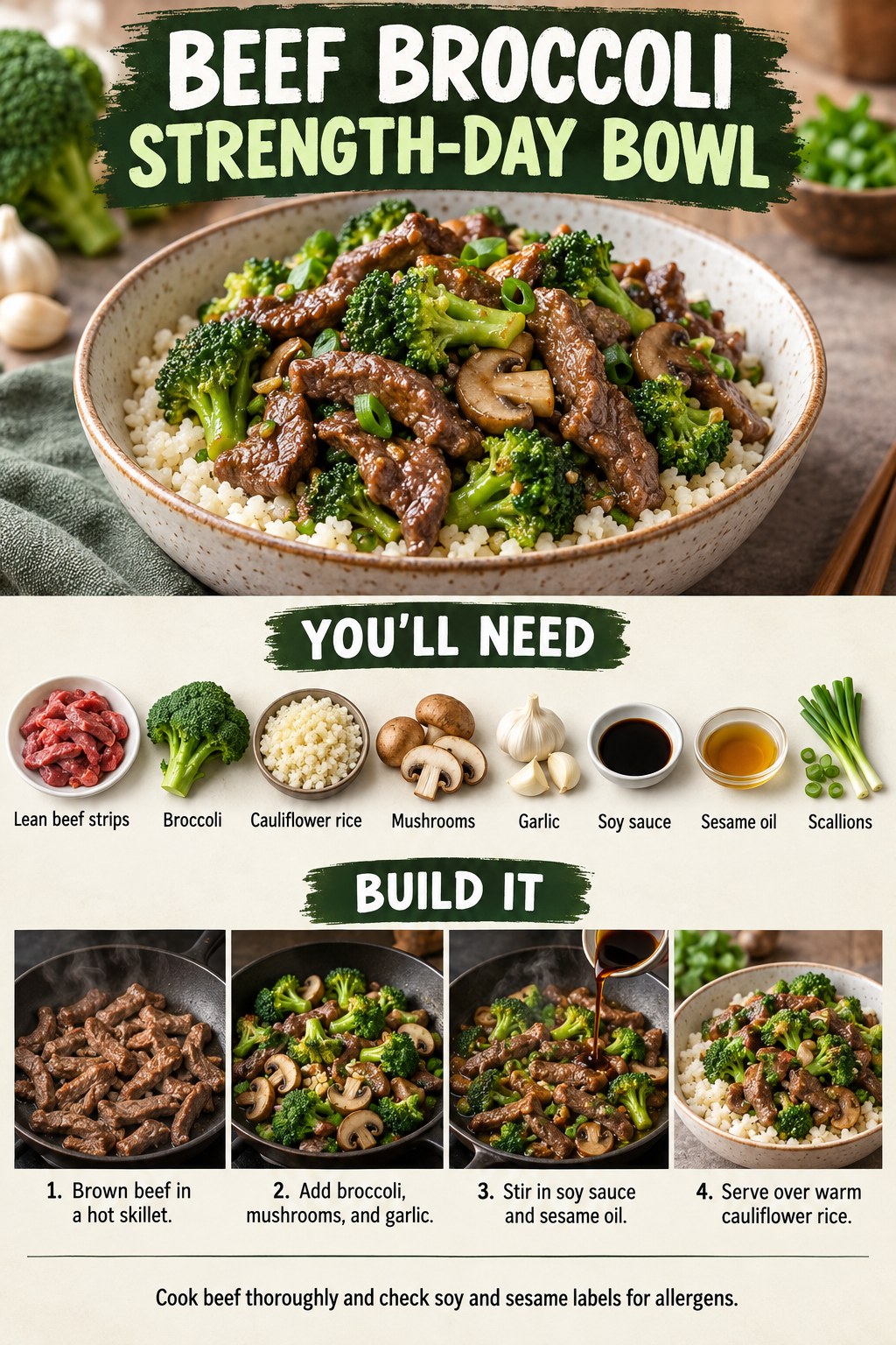 Beef broccoli bowl with cauliflower rice, mushrooms, garlic, soy sauce, sesame oil, and scallions beside strength-training gear.