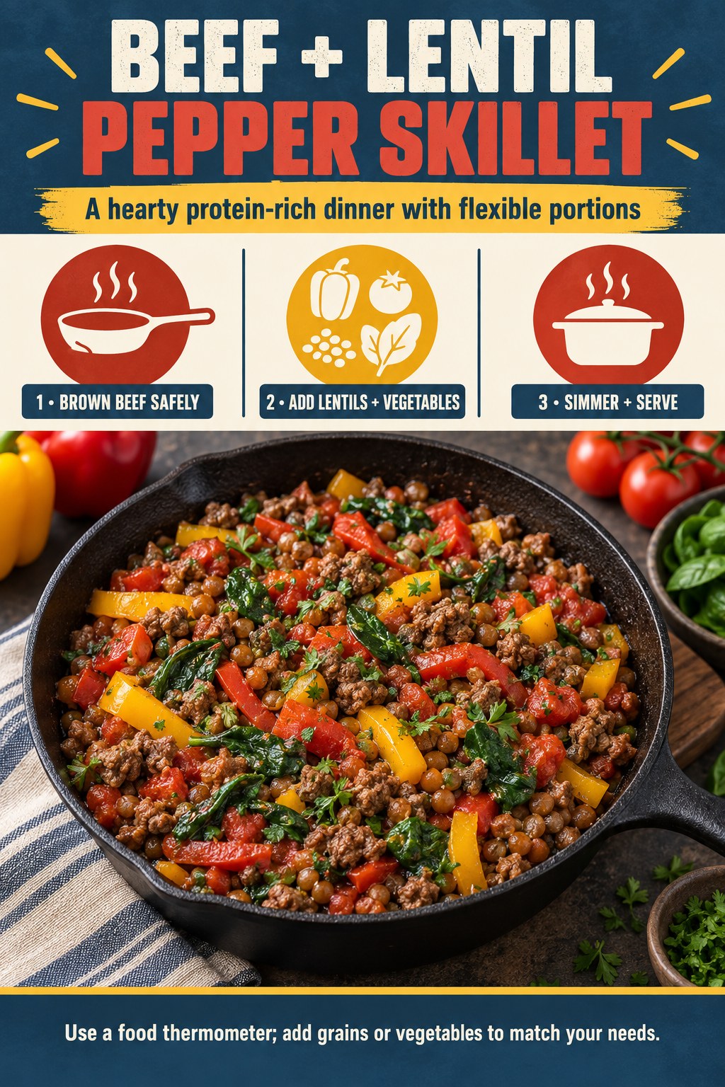 Recipe infographic showing lean ground beef, lentils, red and yellow peppers, tomatoes, spinach, and herbs in a skillet