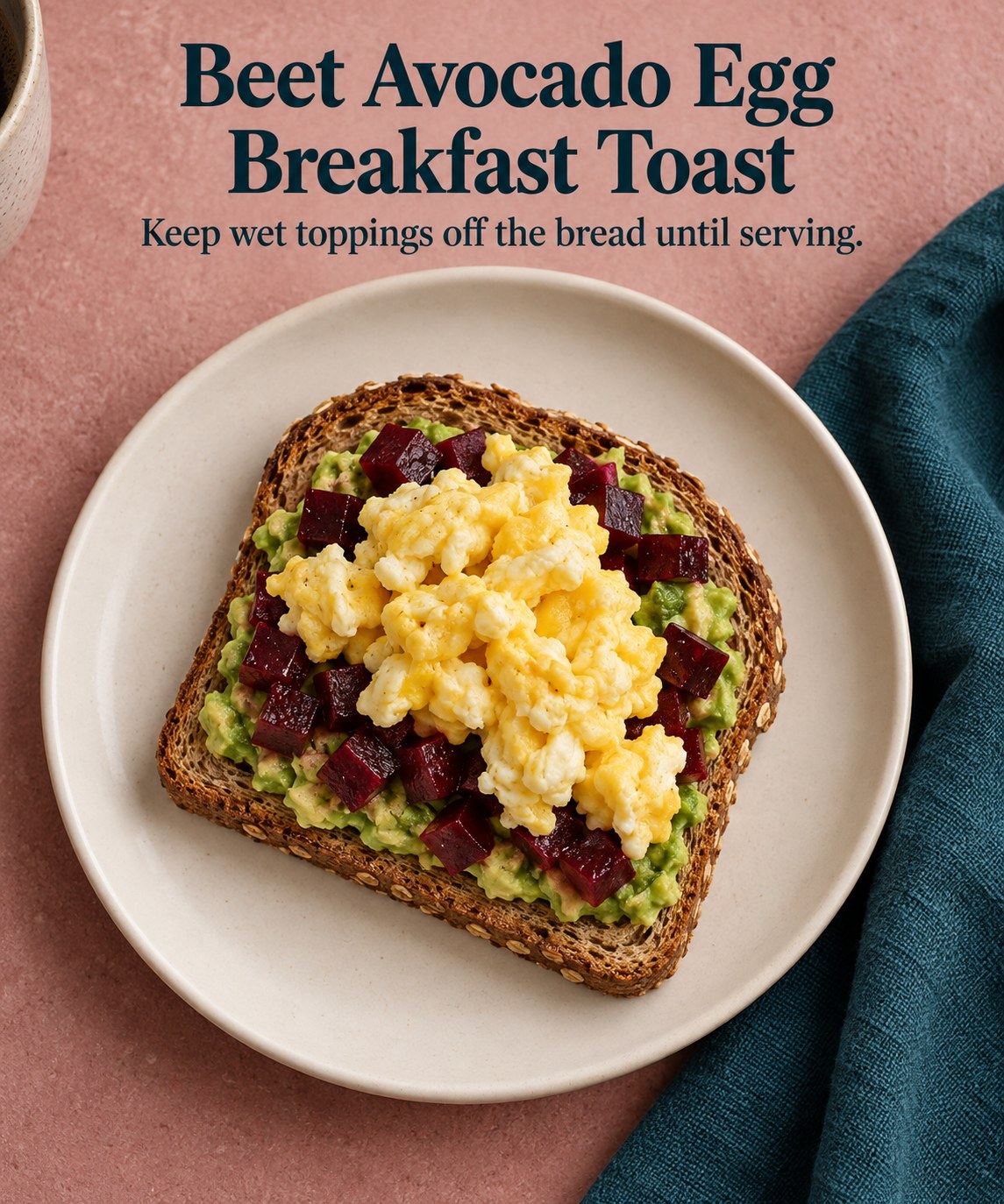 Wholegrain toast topped with mashed avocado, diced cooked beet, and scrambled eggs on a cream plate.