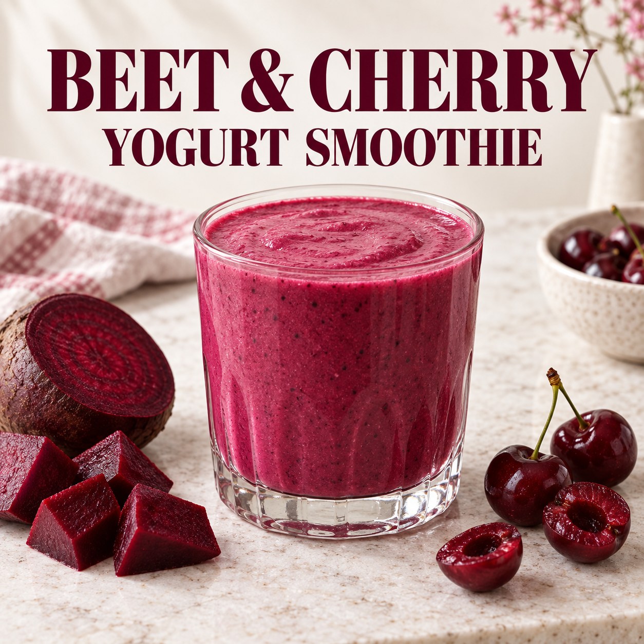 Deep pink beet cherry smoothie beside cooked beet pieces and pitted cherries on a light stone counter.