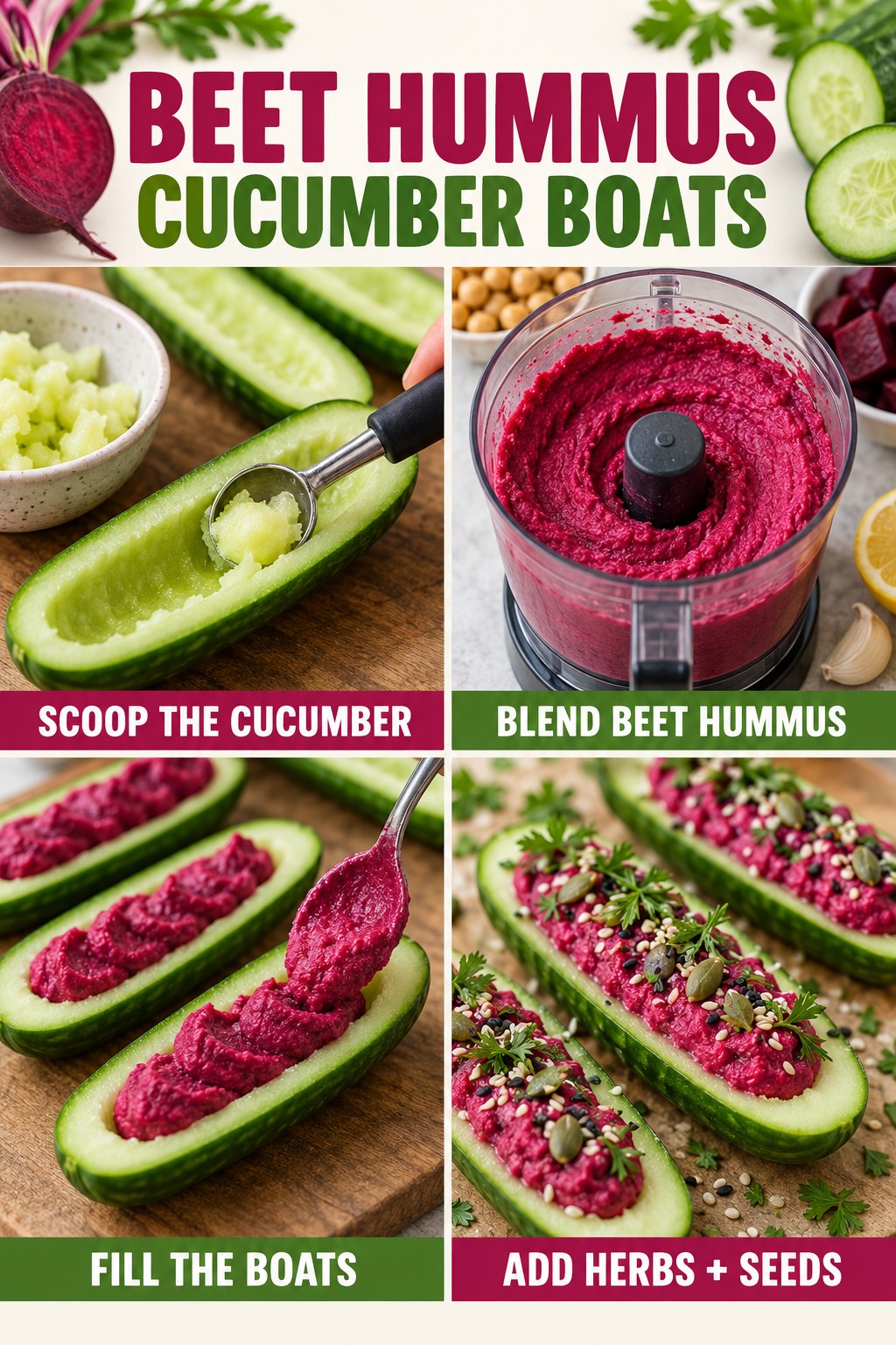 Beet hummus cucumber boat infographic showing scooped cucumber, blended beet hummus, filled boats, herbs, and seeds.