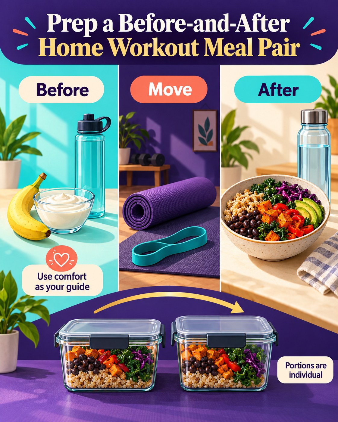 Split-screen infographic showing banana, yogurt, water, home workout gear, and prepared grain, bean, and vegetable bowls.