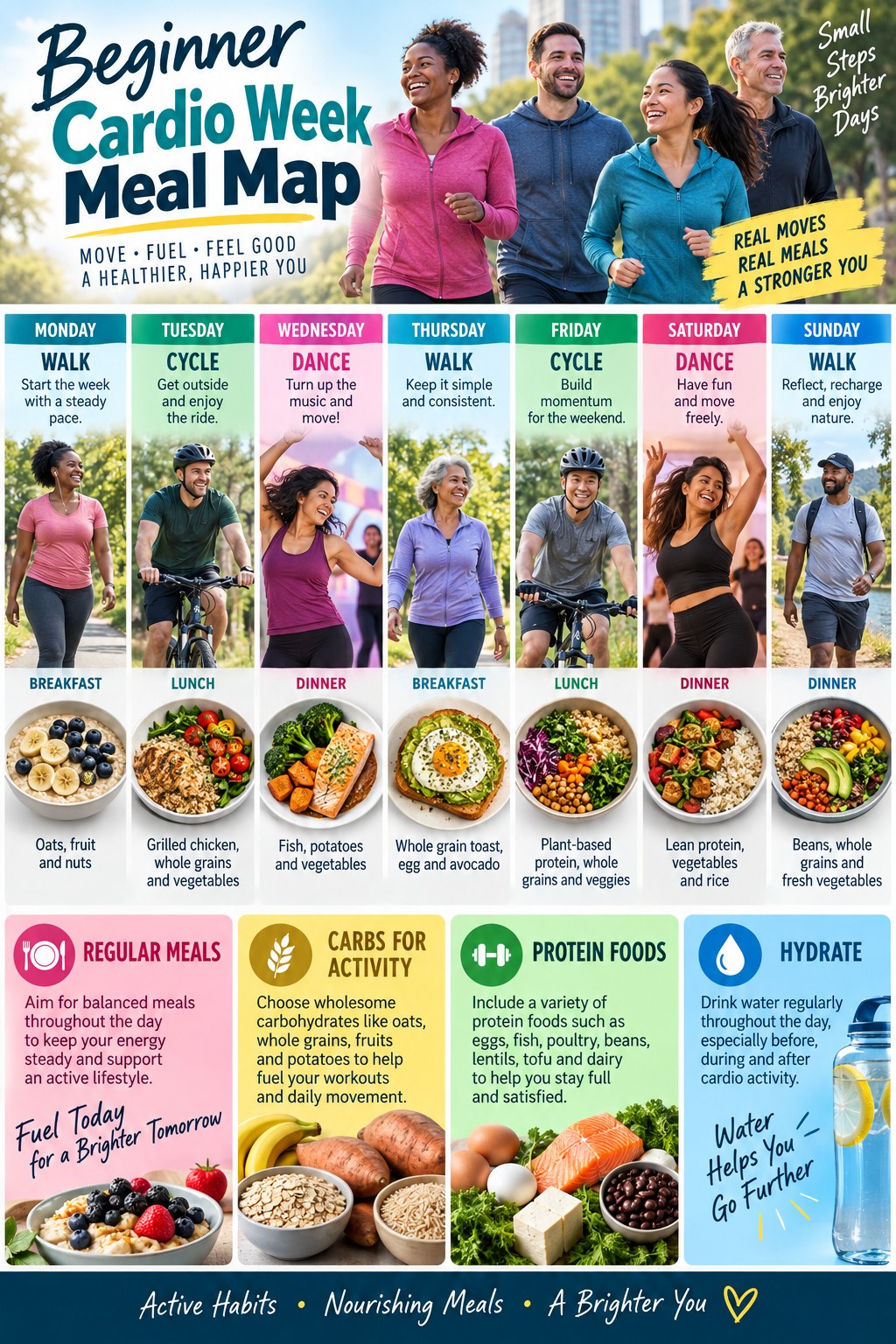 Portrait infographic showing a beginner cardio week with walking, cycling, and dancing days plus regular balanced meals and hydration.