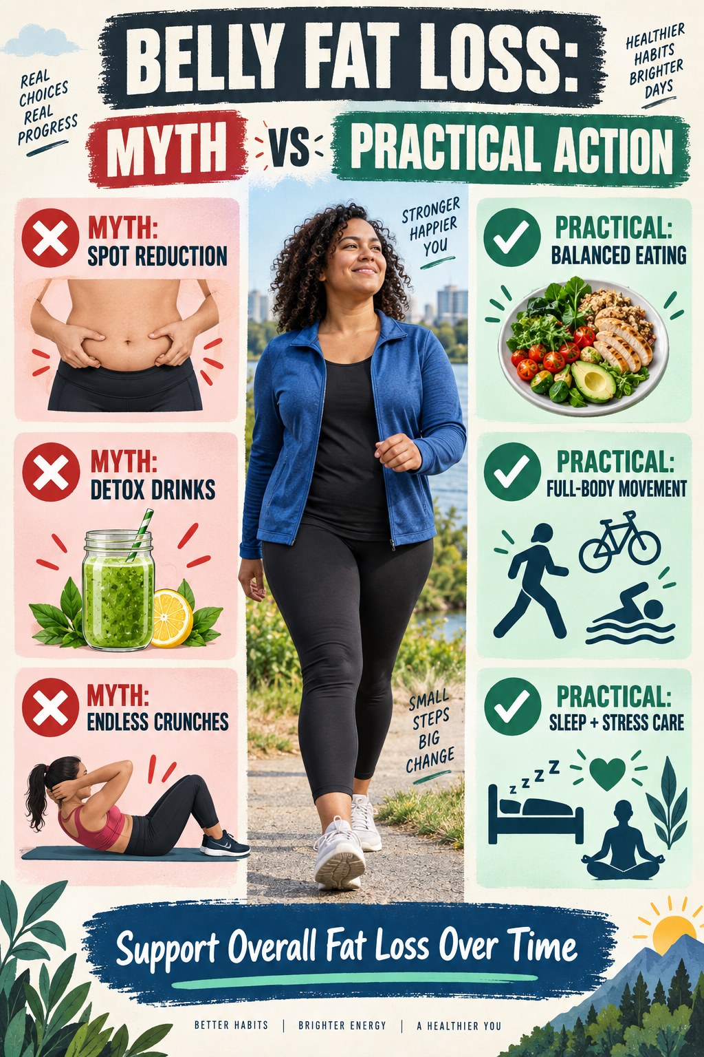 Portrait infographic comparing belly-fat myths with balanced eating, full-body movement, sleep, and stress-care actions.