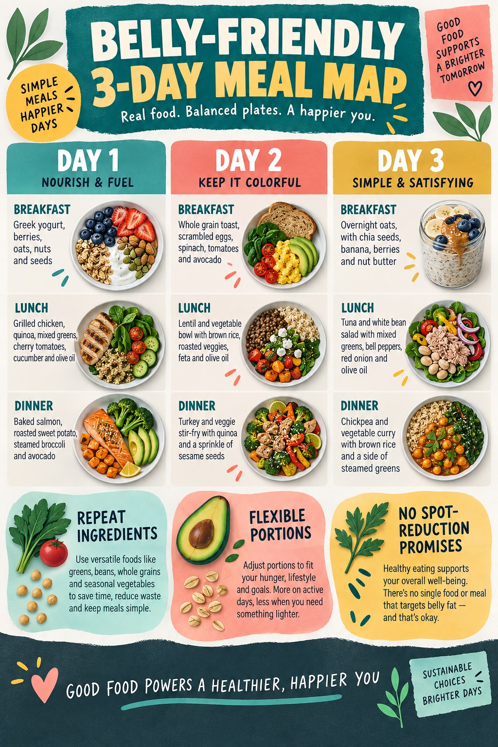Portrait three-day meal-plan infographic showing balanced breakfasts, lunches, dinners, repeat ingredients, and flexible portions.