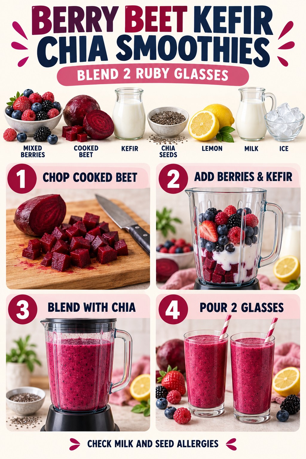 Berry beet smoothie with kefir, chia seeds, citrus, and a step-by-step blending method.