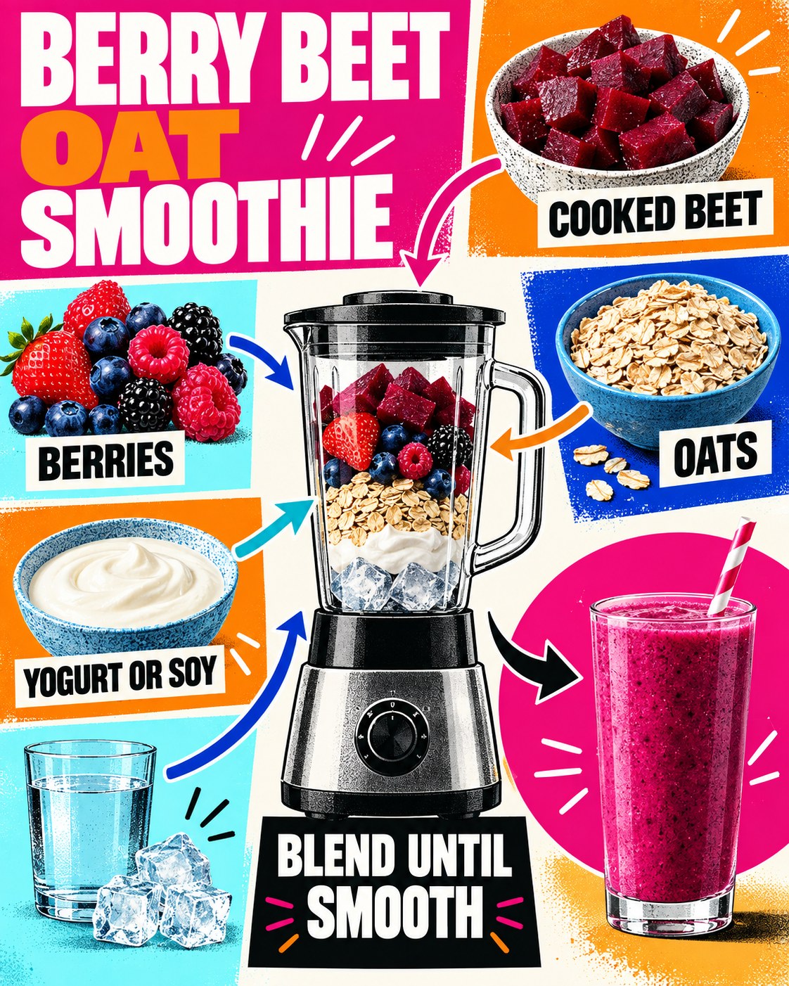 Magenta, orange, blue, and cyan infographic showing cooked beet, berries, oats, yogurt or soy, a blender, and smoothie.