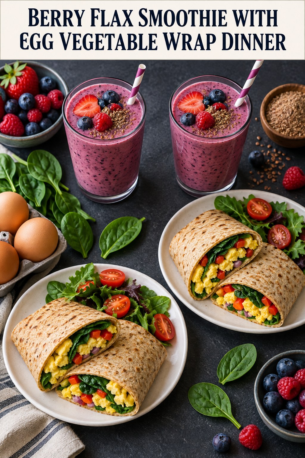 Two servings of berry flax smoothie with egg vegetable wrap dinner made with berries, ground flax, and vegetables.