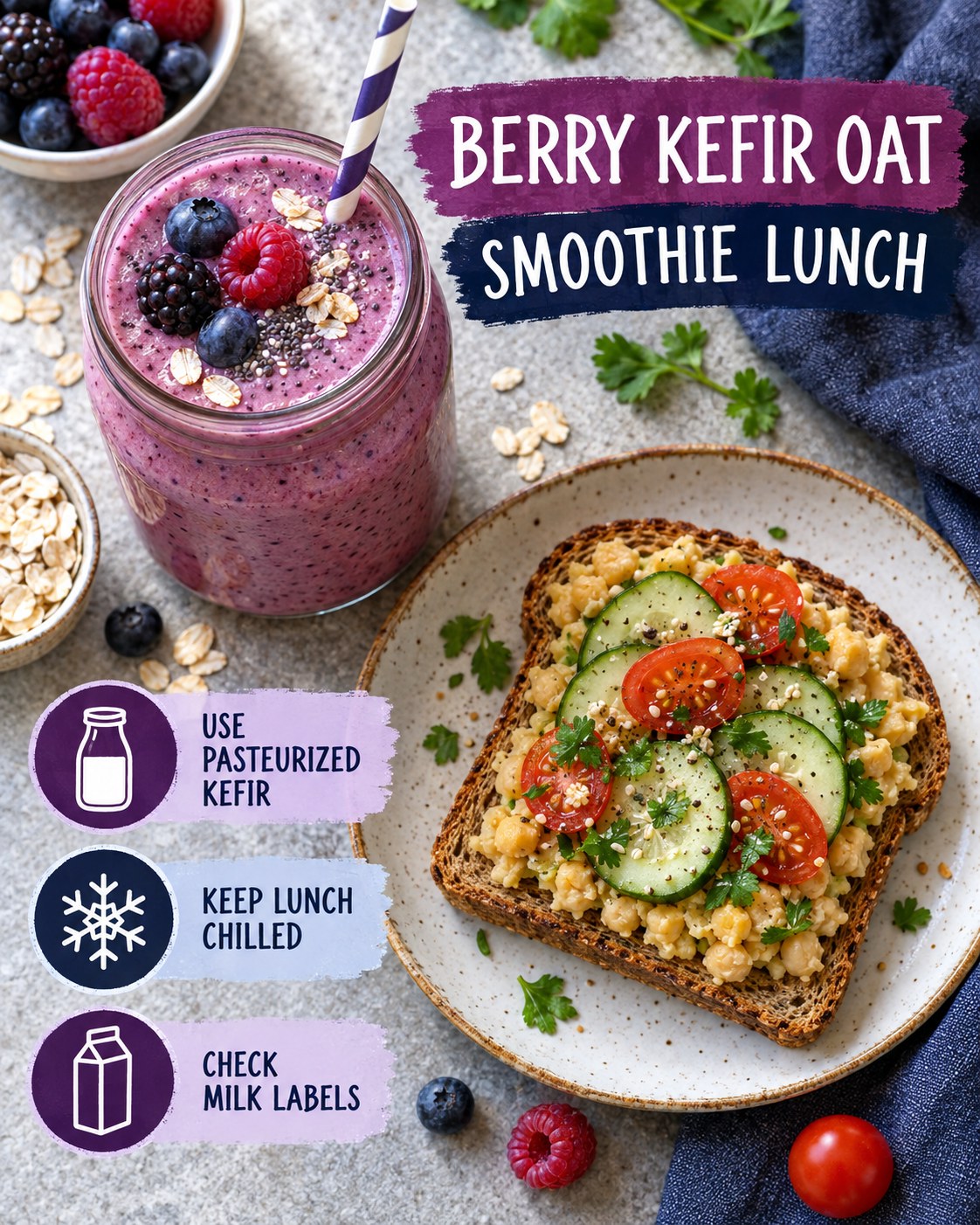 Berry kefir oat smoothie beside chickpea toast with cucumber, tomato, and herbs