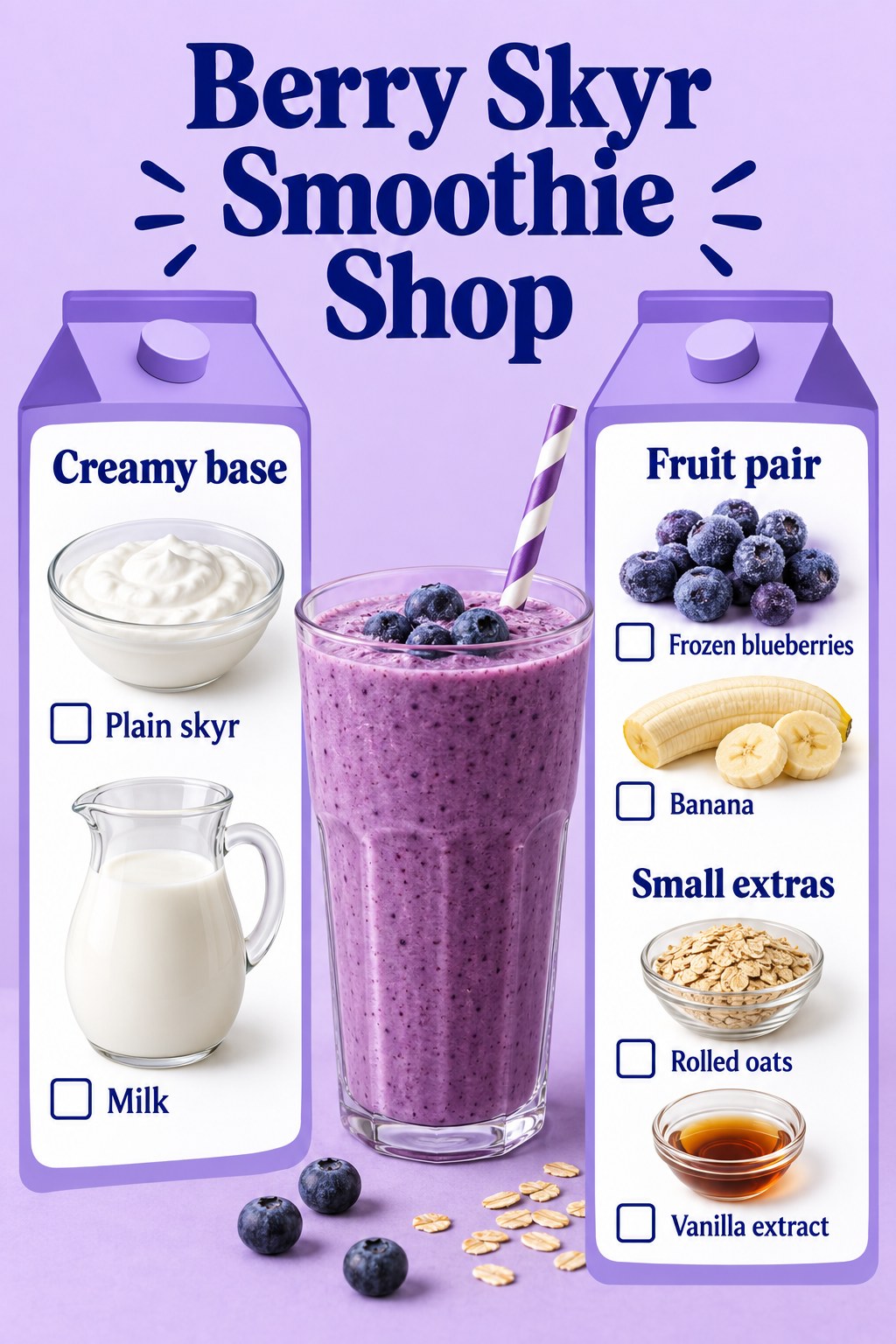Lilac milk-carton grocery panels listing plain skyr, milk, frozen blueberries, banana, rolled oats and vanilla extract.