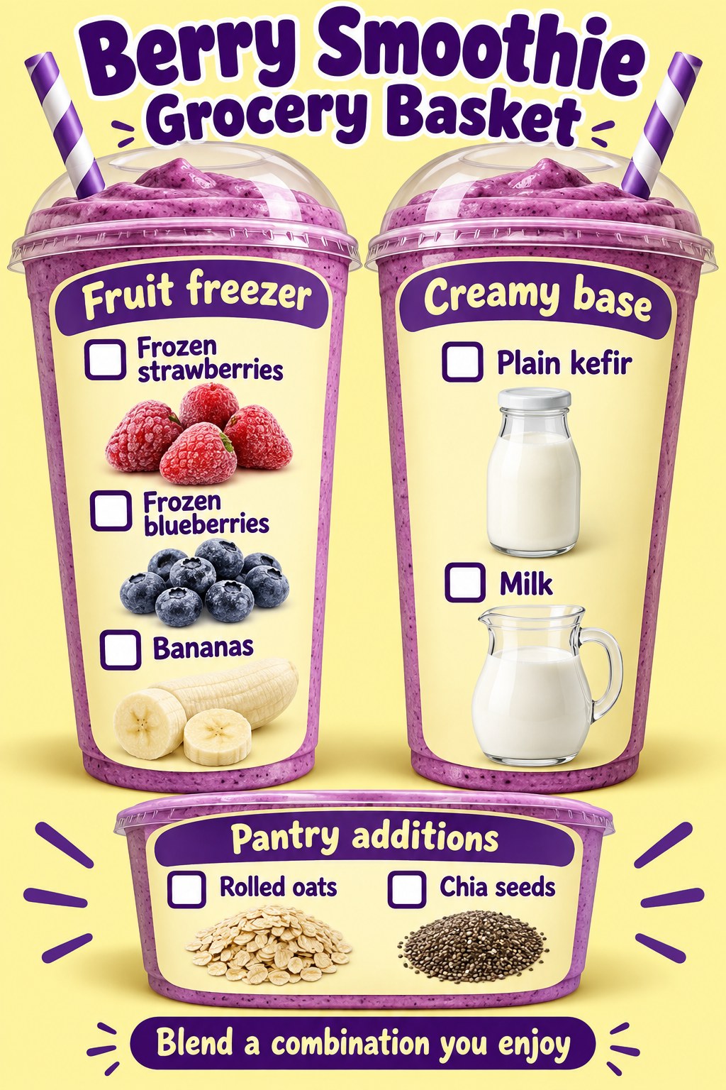 Violet and yellow smoothie shopping cups listing berries, bananas, kefir, milk, rolled oats and chia seeds.