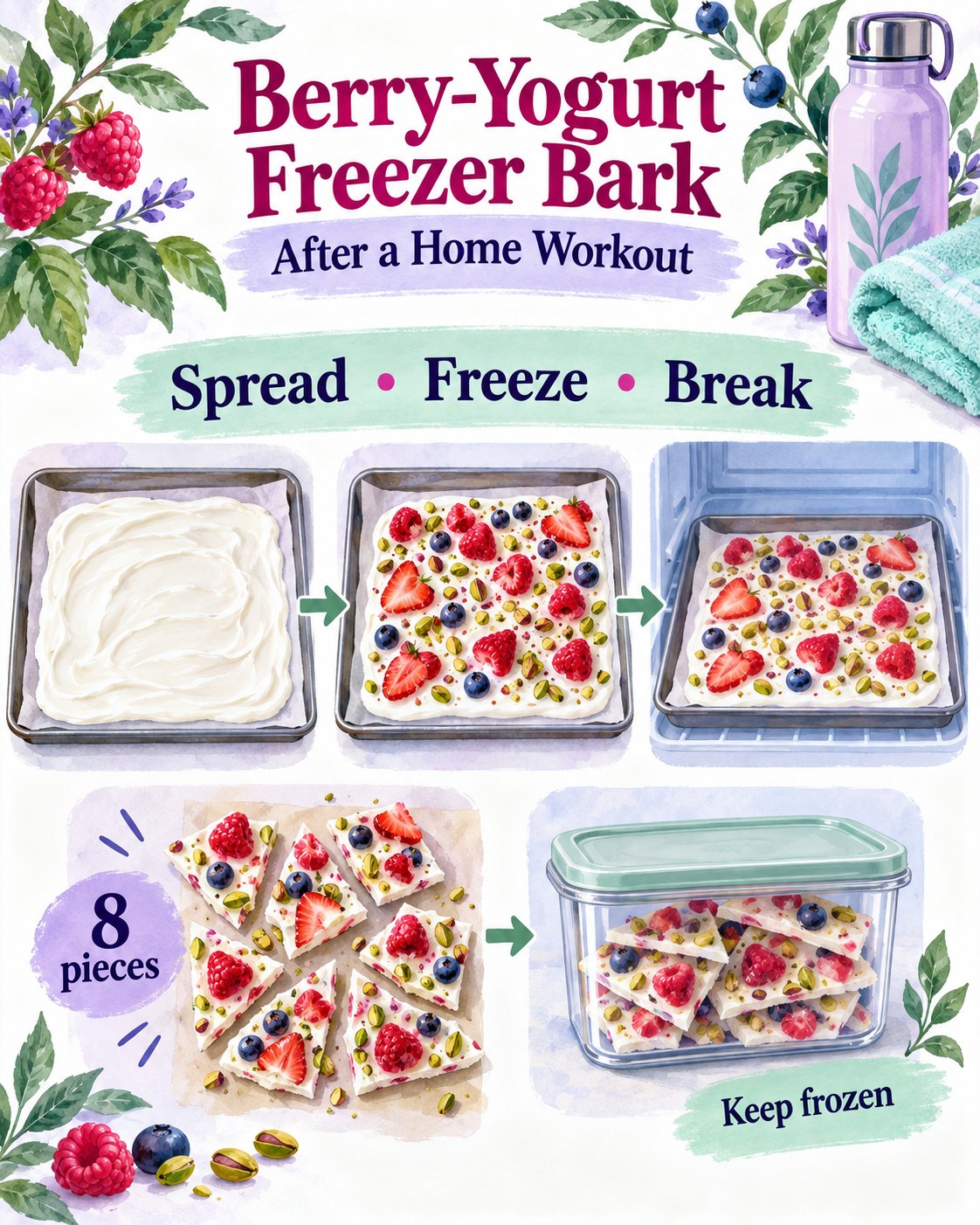 Watercolor infographic showing yogurt, berries, pistachios, freezing, eight bark pieces, and covered freezer storage.