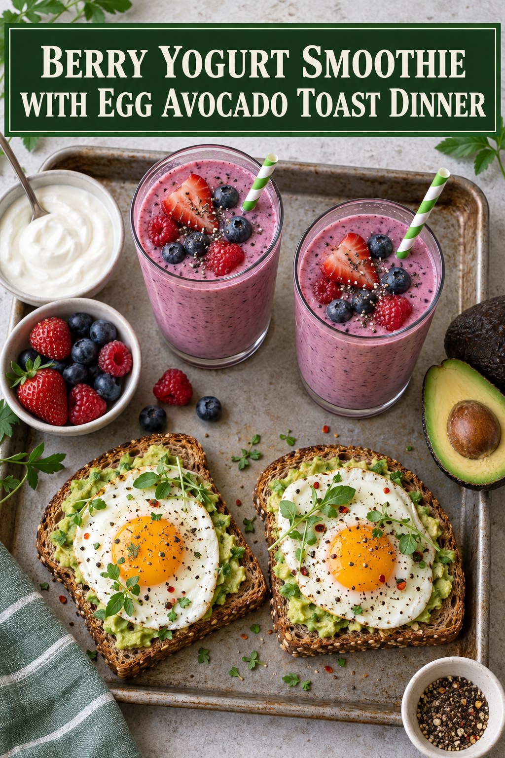 Two servings of berry yogurt smoothie with egg avocado toast dinner made with Greek yogurt, berries, and vegetables.