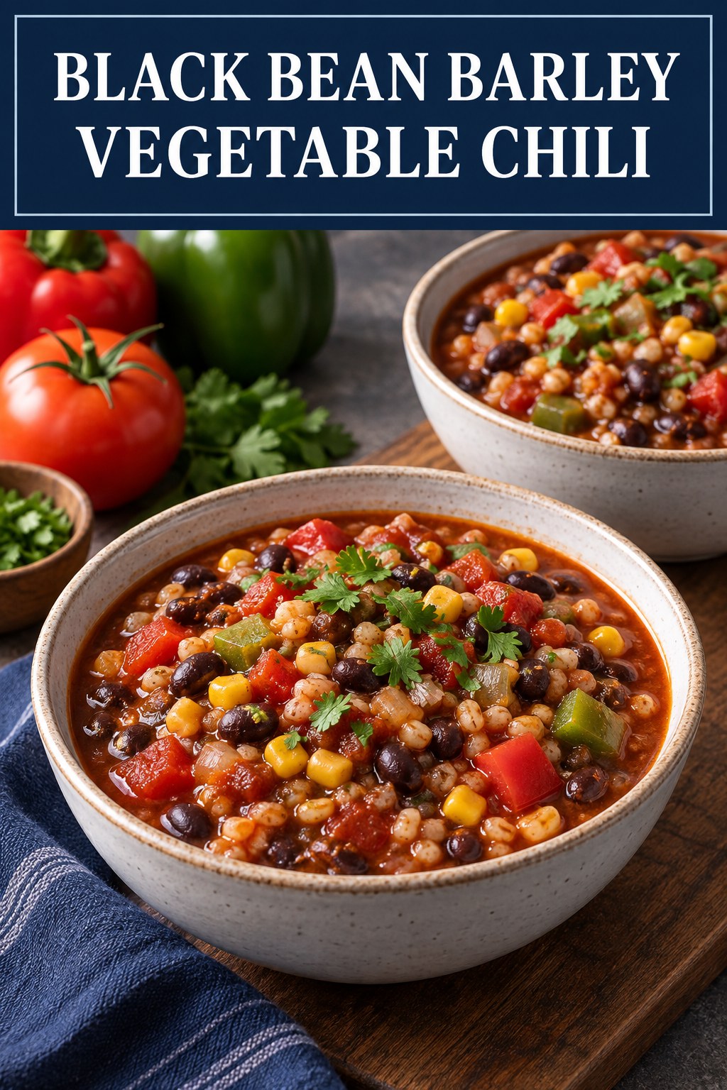 Two servings of black bean barley vegetable chili made with black beans, barley, and vegetables.