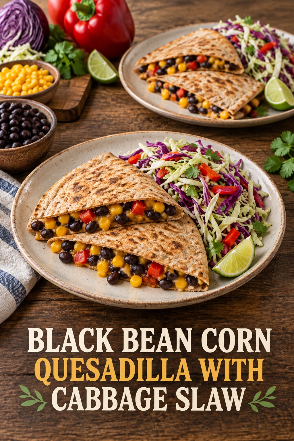 Two servings of black bean corn quesadilla with cabbage slaw made with black beans, corn, and vegetables.