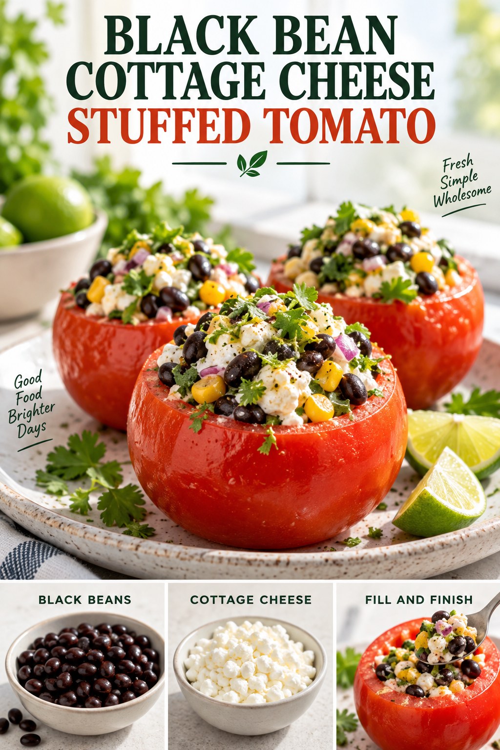 Black bean cottage cheese stuffed tomatoes with corn, herbs, and lime
