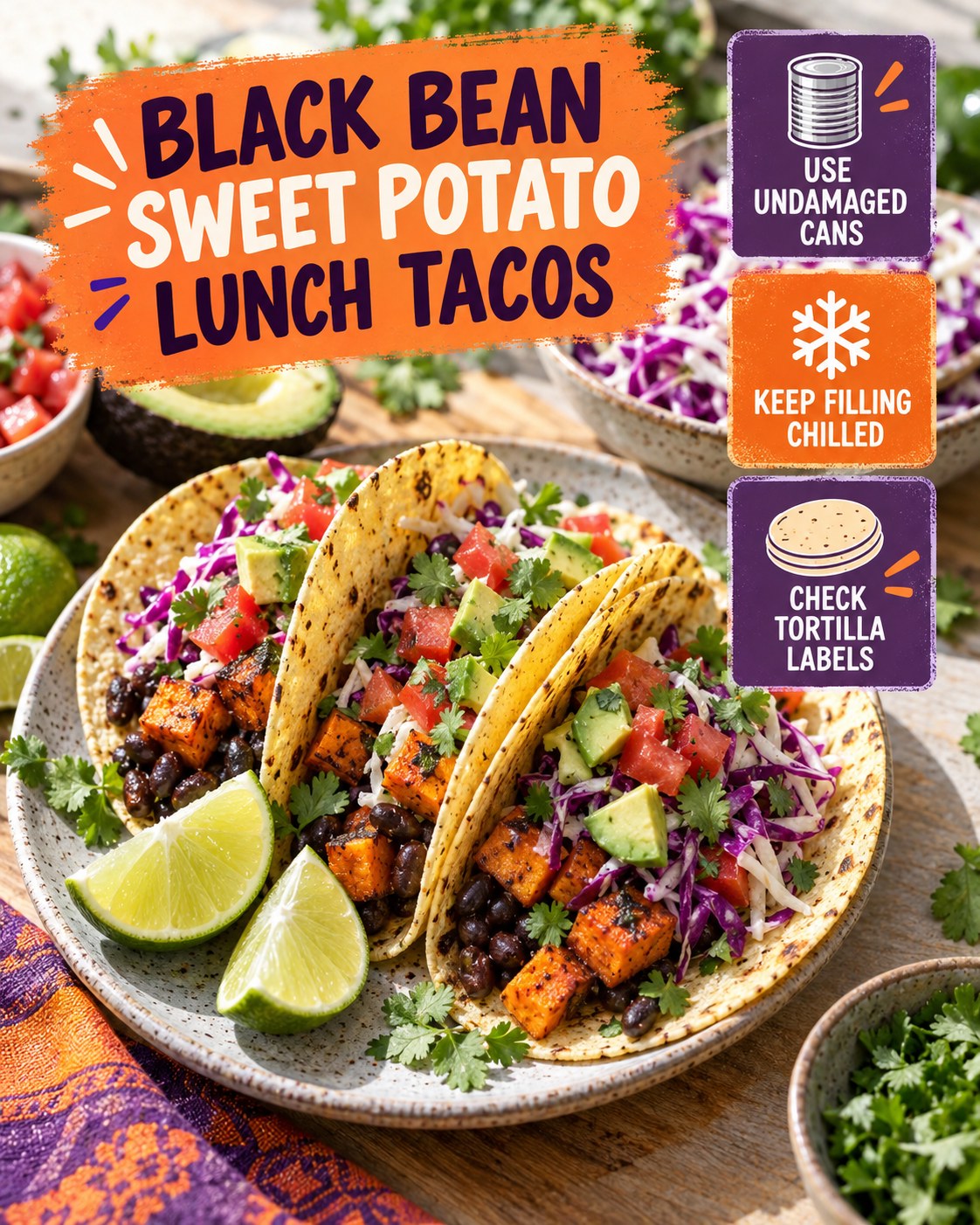 Infographic for black bean sweet potato cabbage lunch tacos with can, chilling, and tortilla label safety reminders