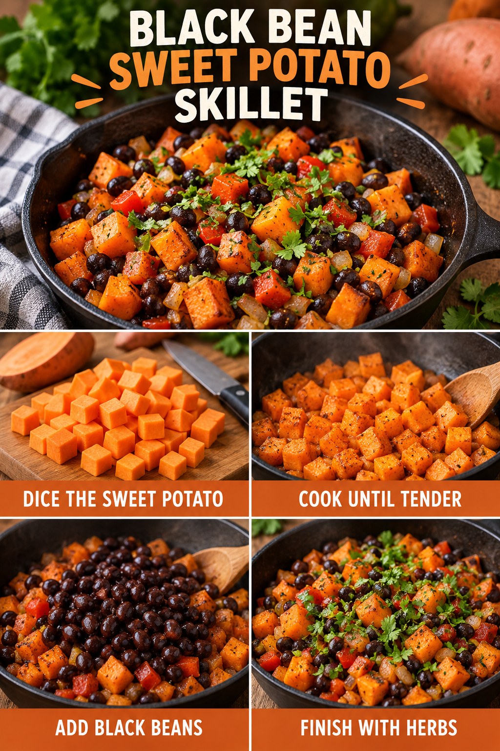 Black bean sweet potato skillet infographic showing diced sweet potato, tender cooking, black beans, and herbs.
