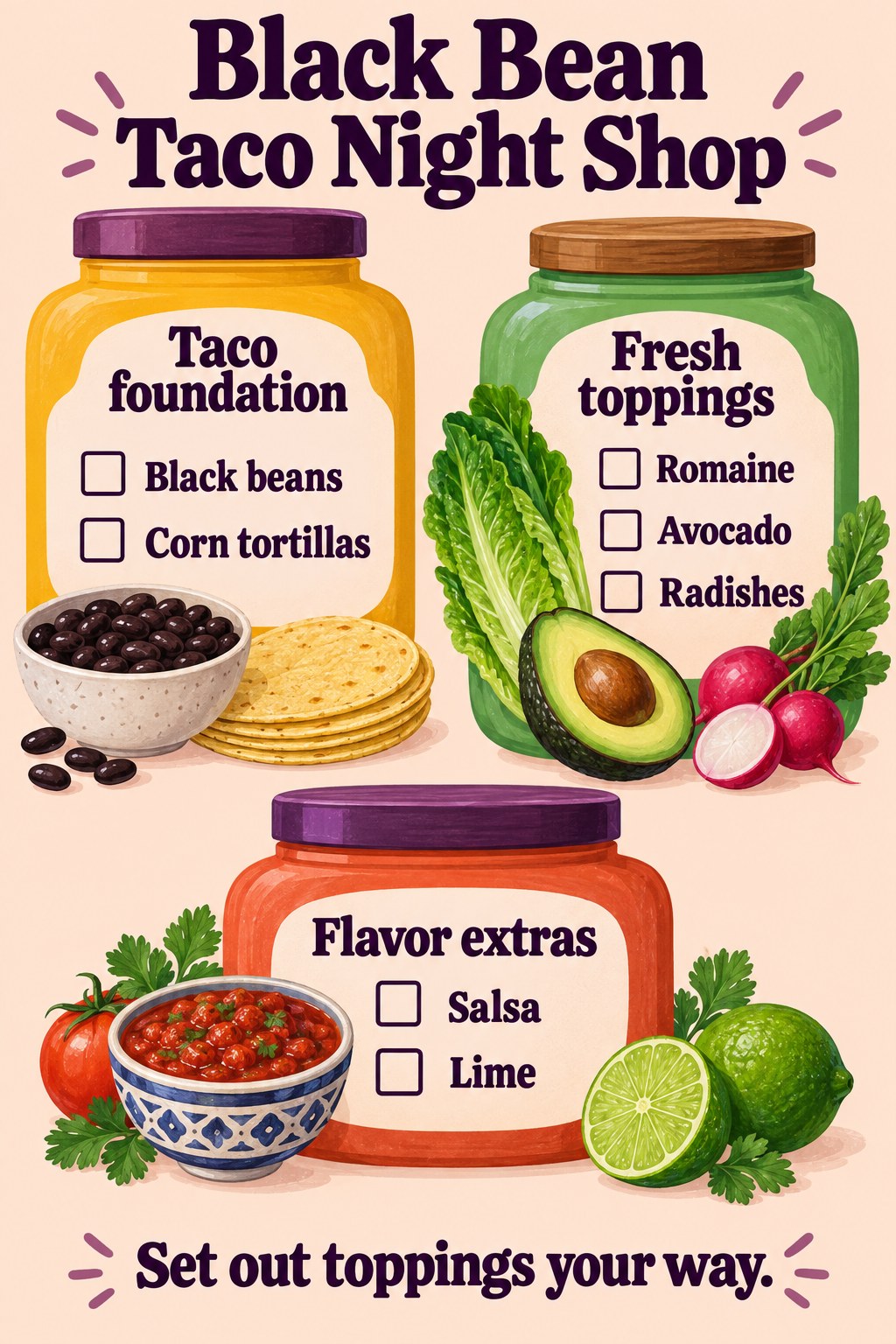 Peach and aubergine taco grocery checklist with black beans, corn tortillas, romaine, avocado, radishes, salsa and lime.