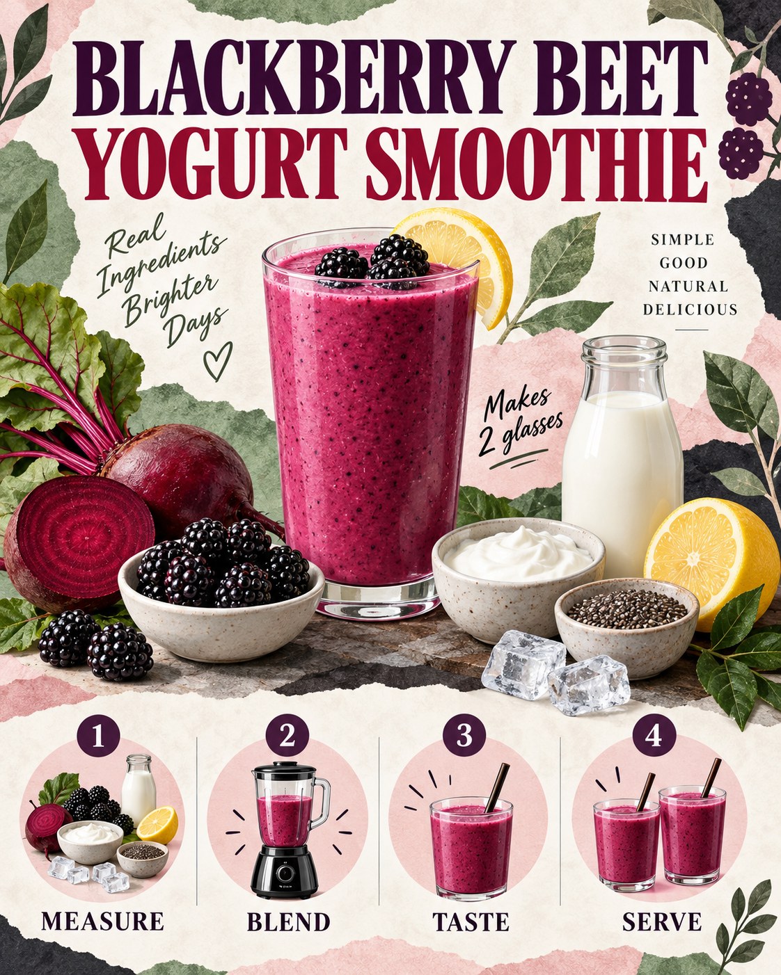 Purple beet and blackberry smoothie infographic with yogurt, milk, chia, lemon, ice, and four preparation steps.