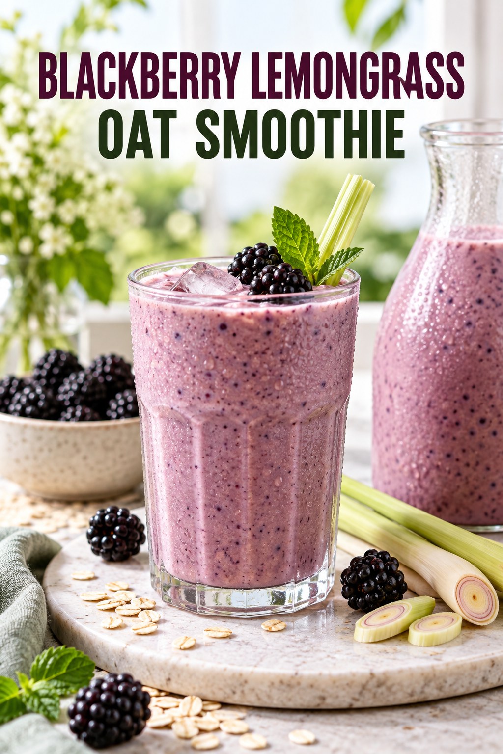 Portrait drink scene with blackberry, fresh lemongrass, ice, and a chilled glass of oat smoothie.