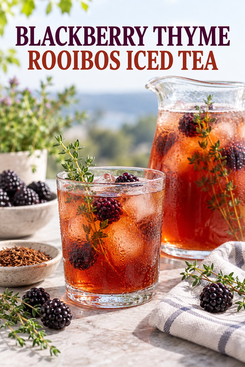 Portrait drink scene with blackberry, fresh thyme, ice, and a chilled glass of rooibos iced tea.