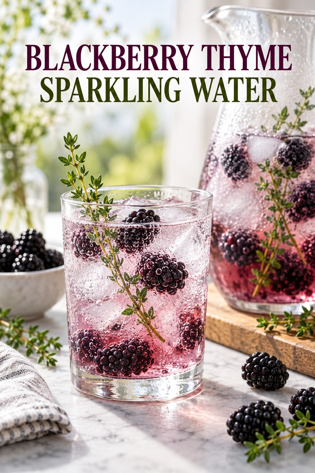 Portrait drink scene with blackberry, fresh thyme, ice, and a chilled glass of sparkling water.