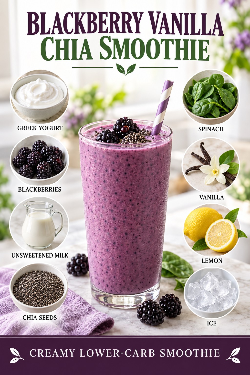 Blackberry vanilla chia smoothie with Greek yogurt, spinach, lemon, ice, and unsweetened milk