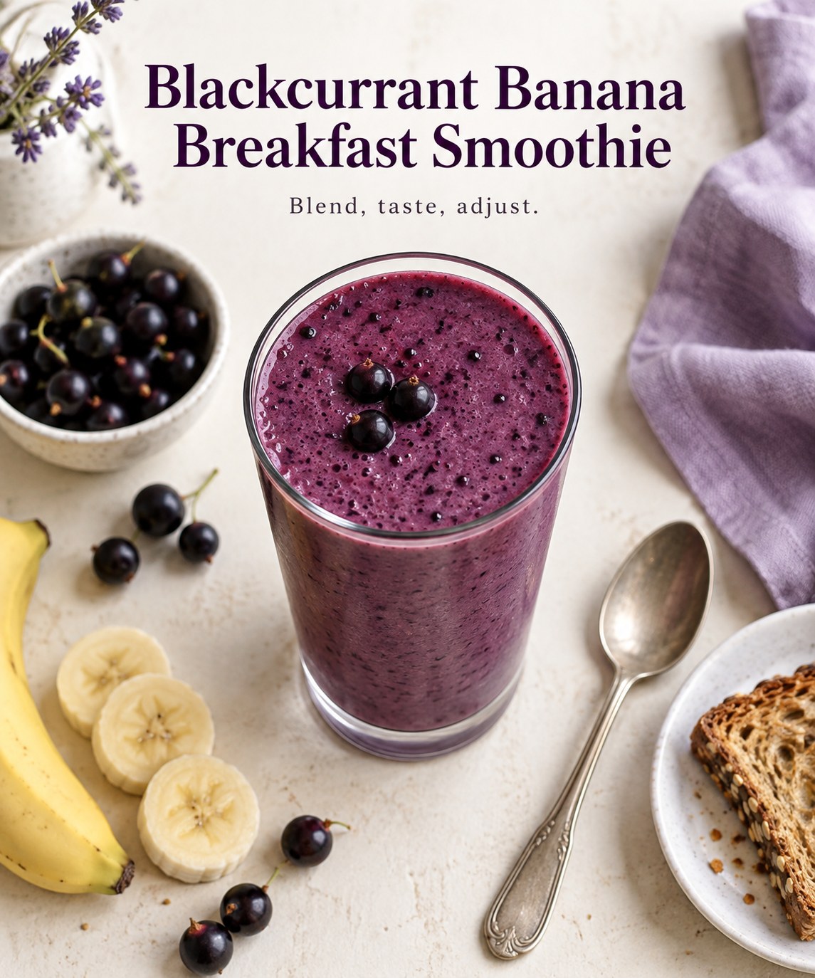 Purple blackcurrant banana yogurt smoothie in a glass beside blackcurrants, banana slices, and toast.